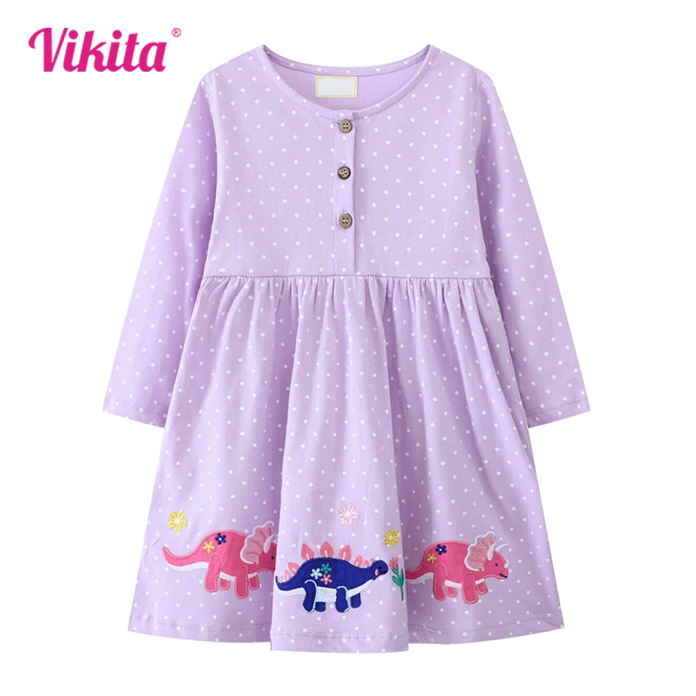 

VIKITA 2025 New Children Clothes Kids Polka Dots Purple Straight Dress Girls Dinosaur Flower Appliqued Cartoon Casual Daily Wear