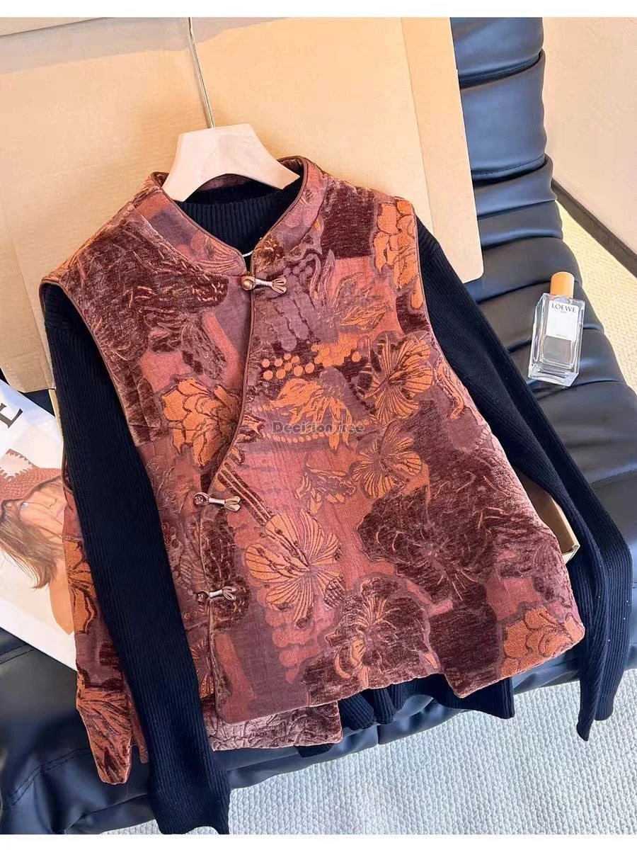 

2025 winter retro chinese national style women thicked stand collar sleeveless jacket vest jacquard qipao button tang suit vest