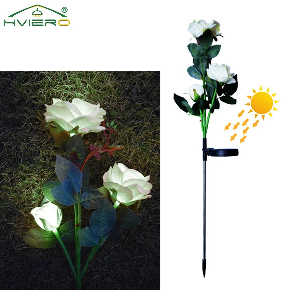 

LED Solar Rose White Flower Light Outdoors Garden 3Head Yard Lawn Night Lamp Landscape for Fairy Christmas Decoration Waterproof