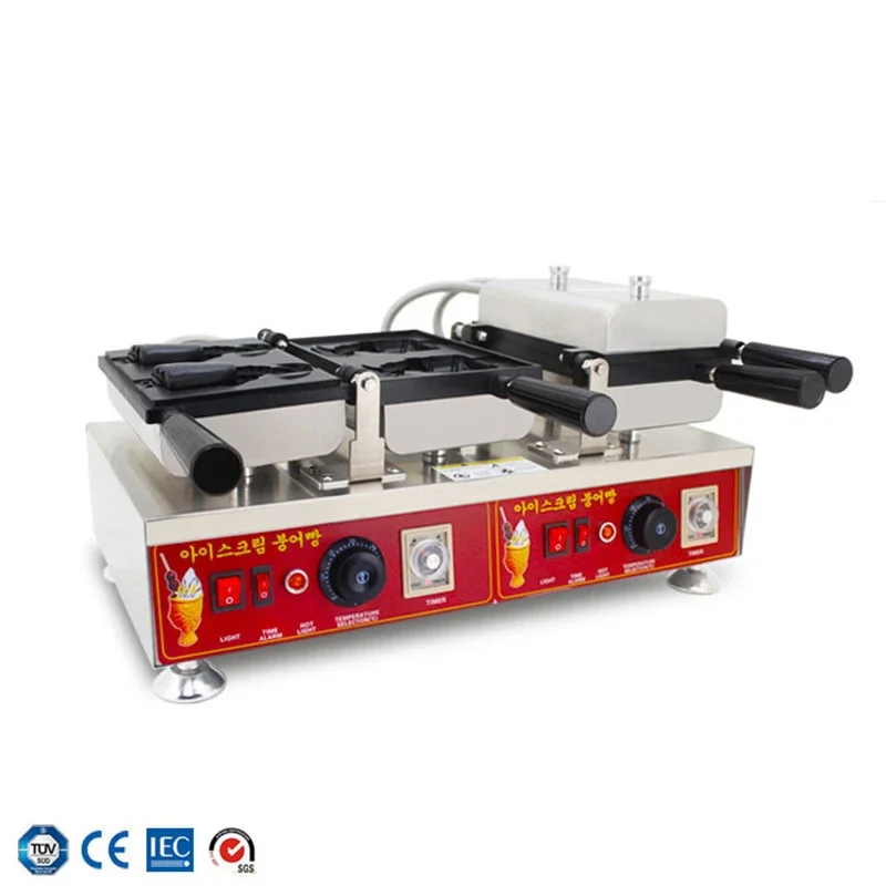 Máquina comercial de waffle taiyaki em forma de peixe, 110v 220v, boca aberta, máquina de sorvete taiyaki, padeiro de cone de peixe em equipamentos de catering