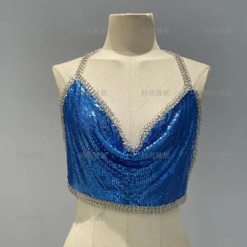 Women's Fashion Low Cut Backless Perspective Sling Vest Exposed Navel Metal Aluminum Sheet Short Sequined Top for Ladies