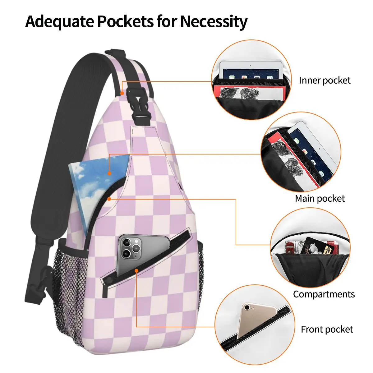 Checkerboard Check Checked In Light Lilac Purple Pink Chest Bag Men Sling Crossbody Backpack Chest Bag Daypack Shoulder Bag