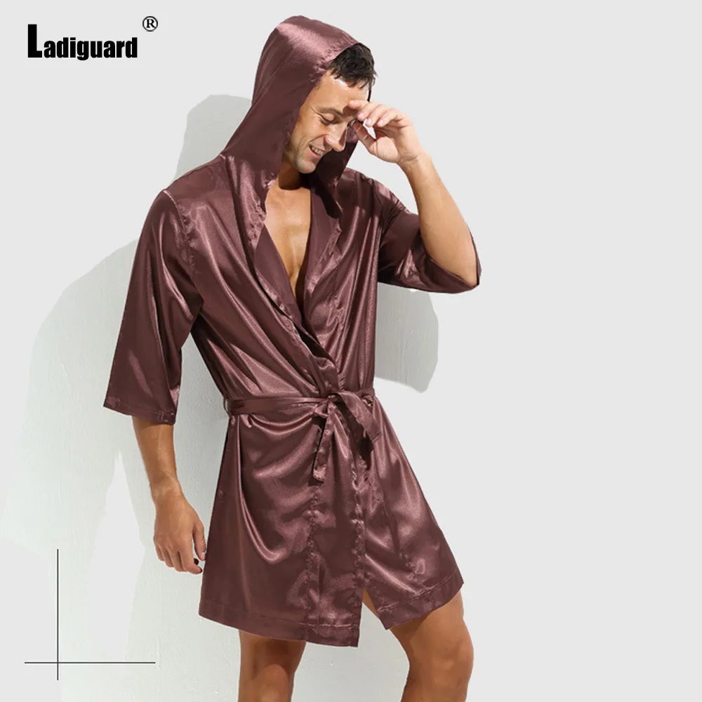 Men's Casual Sashes Gown Shirts Clothing 2024 America Europe Open Stitch Tops Soft Hoodie Blouse Men 3/4 Sleeves Bathrobe Shirt