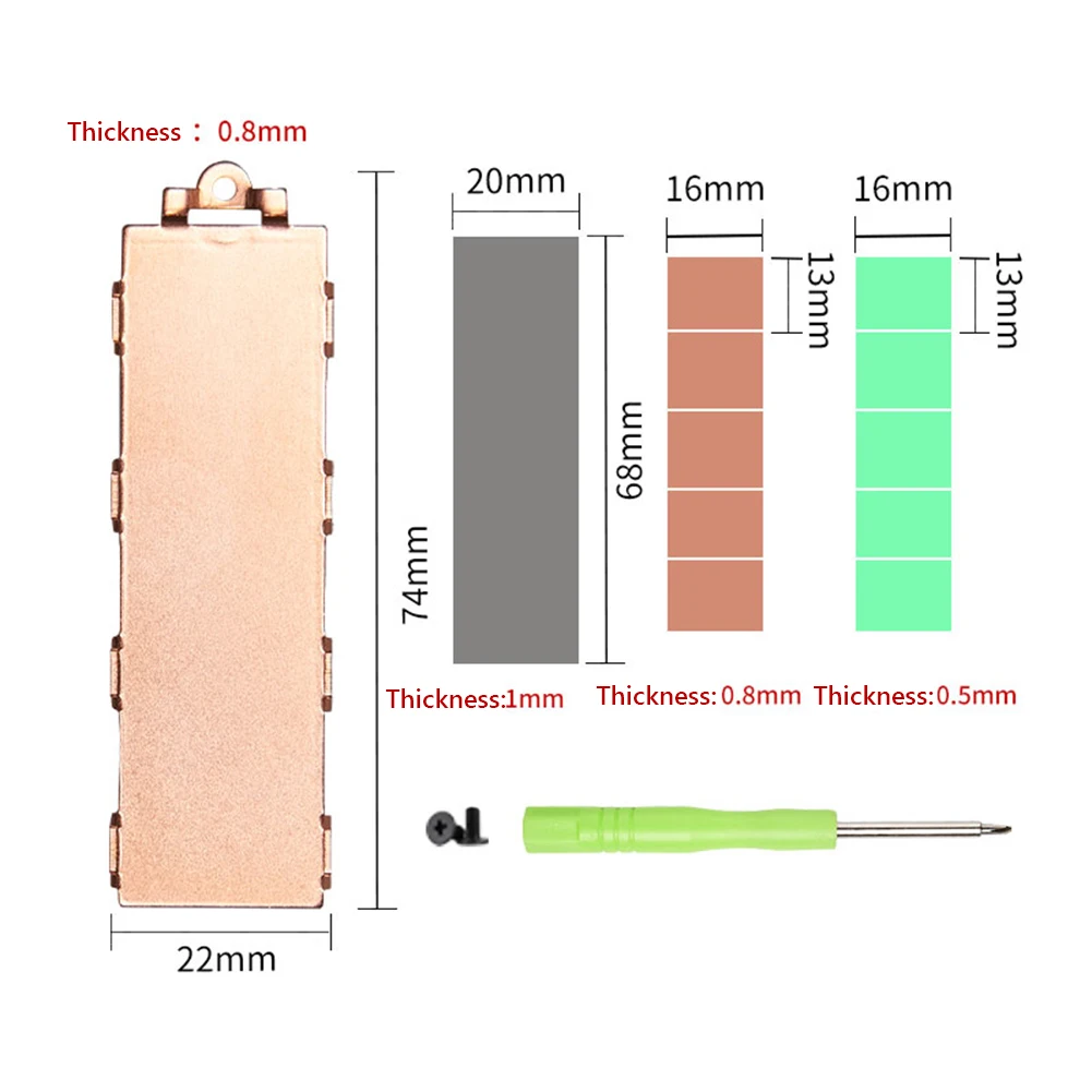 M.2 NVMe SSD Heat Sink 0.8/1mm/2mm for M2 2280 Solid State Hard Disk Copper Heatsink with Thermal Pad Laptop SSD Cooler Radiator