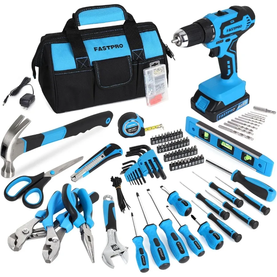 مجموعة أدوات منزلية لسائق الحفر اللاسلكي 232 قطعة 20 فولت لإصلاح المنزل مع مثقاب 12 بوصة حقيبة تخزين مفتوحة الفم واسعة باللون الأزرق