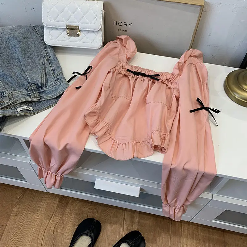 Square Collar Blouses Women Temper Sunscreen Cropped Sweet Kawaii Clothes Designer Aesthetics Minimalist Girlish Preppy Popular