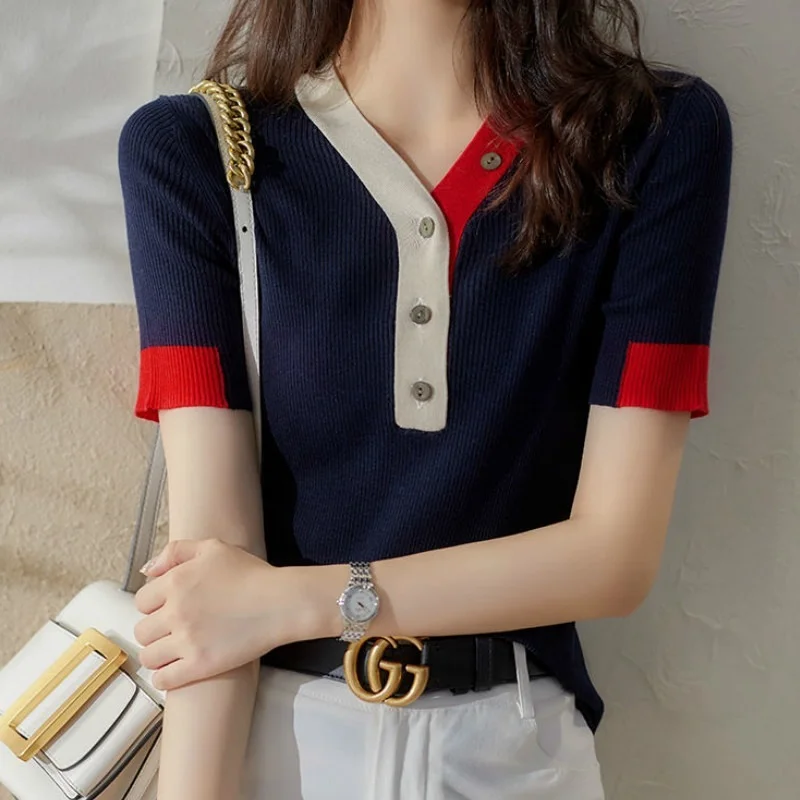 French Hit Color Striped Sweater Women Summer 2023 New Fashion Short Sleeve V Neck Button Slim Casual Knitted Top female clothes