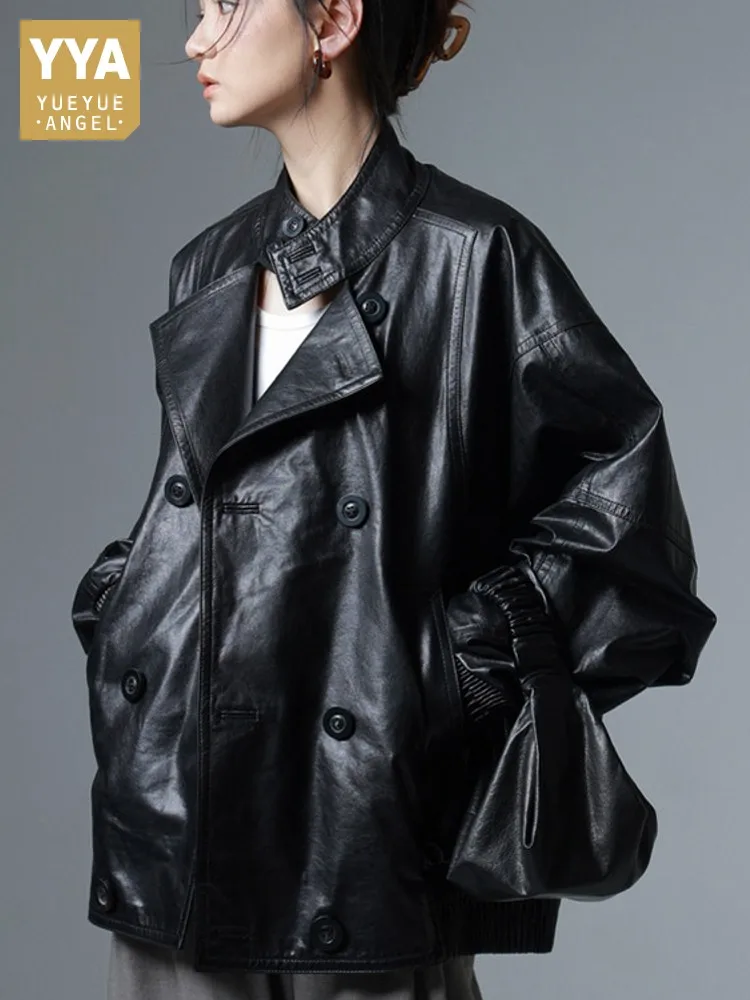 Autumn New Women Loose Fit Double Breasted Oil Wax Sheepskin Genuine Leather Jacket Boyfriend Style Oversized Outerwear Coats
