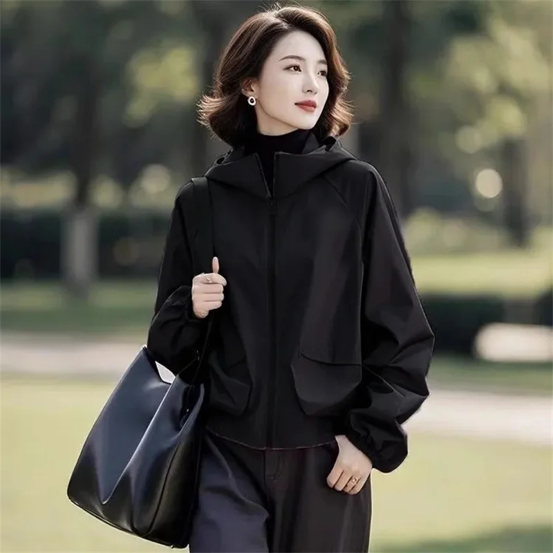 

Korean Women Solid Color Hooded Jacket 2025 Ladies Fashion Long Sleeves Coat Autumn Female Large Size 4XL Stormtrooper Outwear