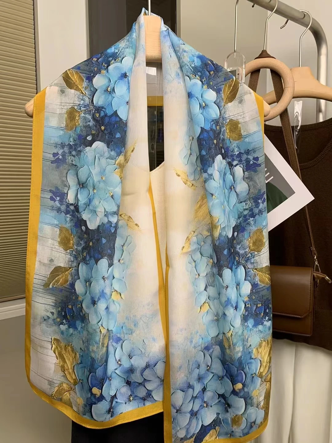 BYSIFA|Blue Floral Women 100% Mulberry Silk Scarf Headband Spring Fashion Brand Silk Ribbons Scarves Shawls Floulard Accessories