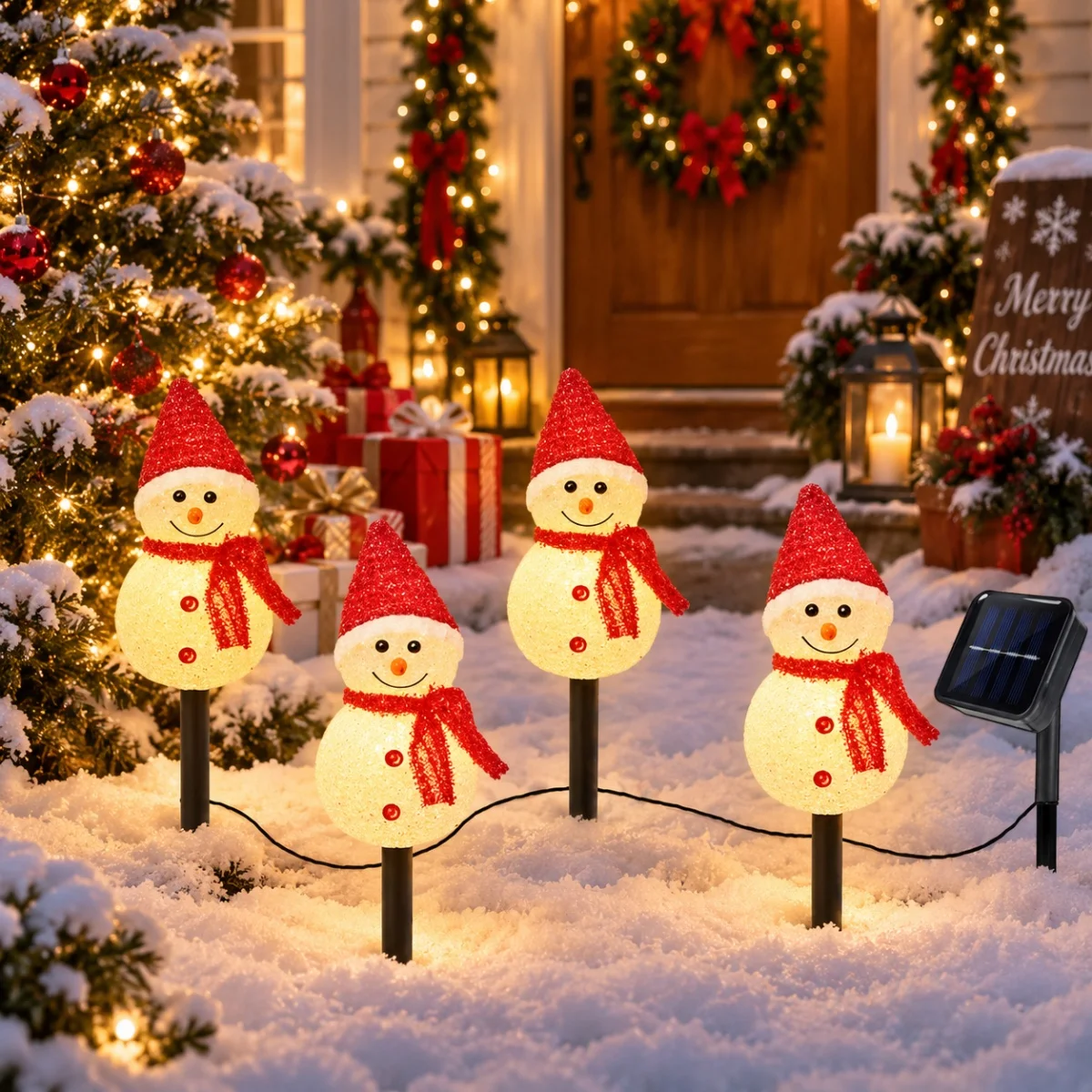 4Pack/Set Solar Snowman Stake Lights 4 Colors Optional Hat Scarf Snowman Pathway Lamp For Outdoor Lawn Yard Pathway Xmas Decor