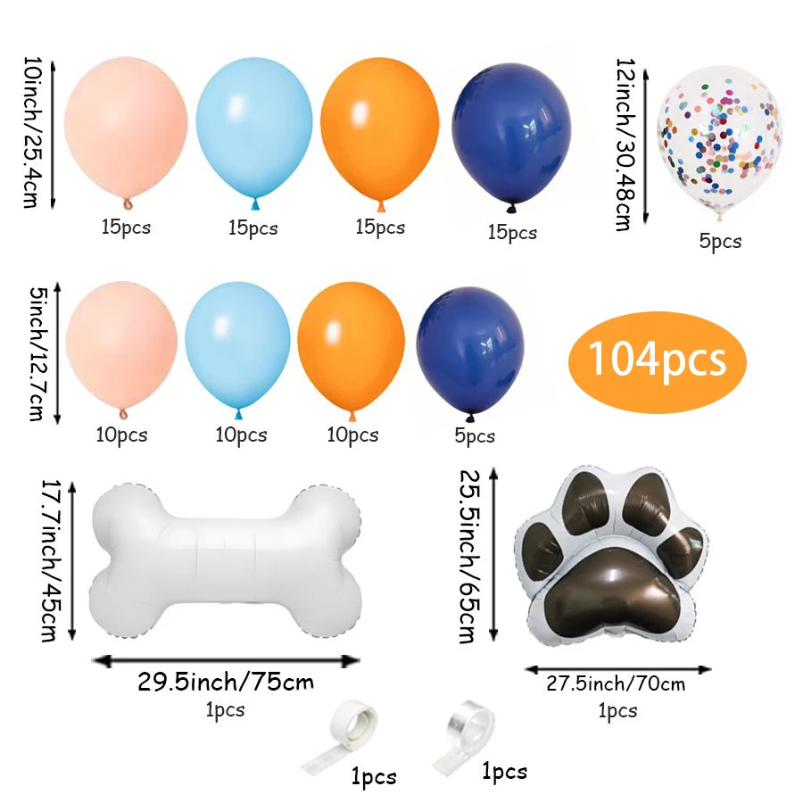 104pcs Pet Birthday Theme Balloon Arch Set, Blue Nude Orange Balloons with Black Dog PAWS and Dog Bone Foil Balloons, Suitable F