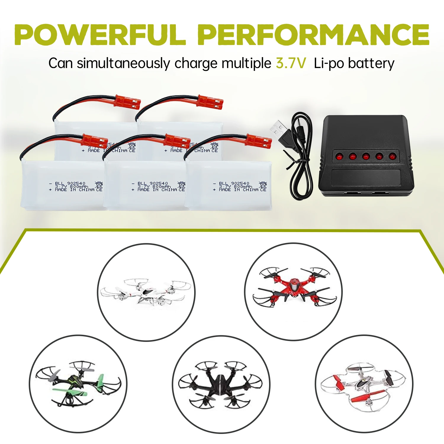 5PCS 3.7V 800mAh 30C Lipo Battery+5-in-1 Charger for SYMA X56W MJX X400W X300C X800 HS110 HS200 S670 V950hd S1750 V2450 RC Drone
