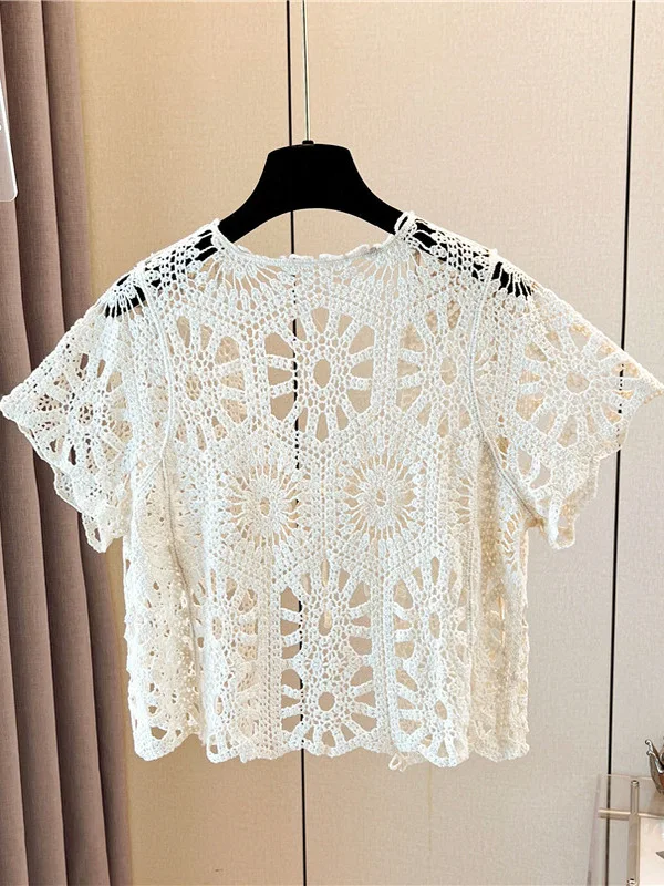 

Summer 2025 plus Size Women's ort Sun Protection Knitted Cardigan Me Hollow V-Ne Top Korean Sle Loose Fit Lace irt