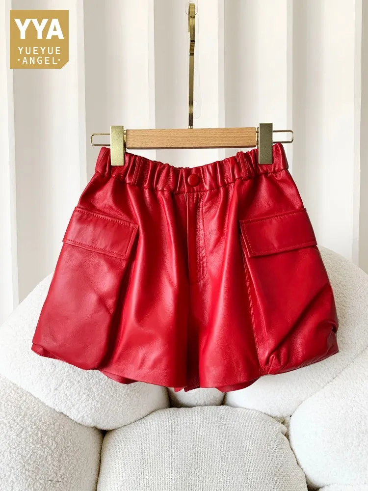 Women Autumn New Sheepskin Genuine Leather Shorts Red Pockets Loose Fit Elastic Waist Short Trousers Casual Streetwear Shorts