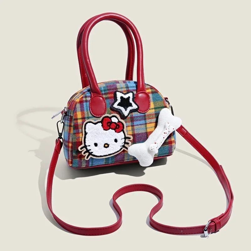 New Hello Kitty Retro Plaid Shoulder Bag Fashion Cute Handbags Dopamine Classics Accessories High-grade Decoration Girl Gift