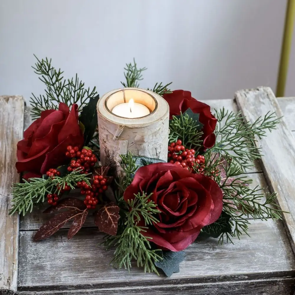 

Artificial Flower Christmas Candle Wreath Romantic Red Rose Candle Rings 30CM Party Supplies Candlestick Wreath Christmas Decor