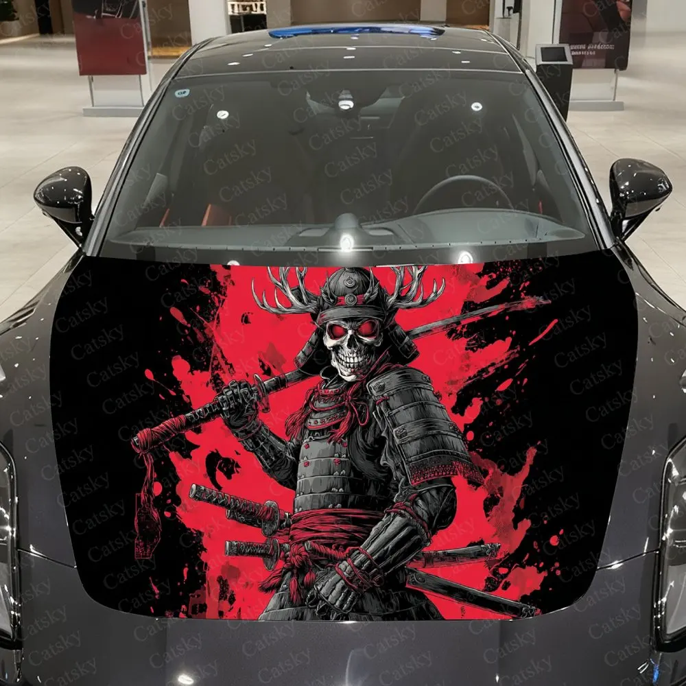 

Japanese Dark Ghost Face Samurai Car Vinyl Wrap, PVC Waterproof Car Hood Sticker, Self-Adhesive Scratch-Resistant Stickers