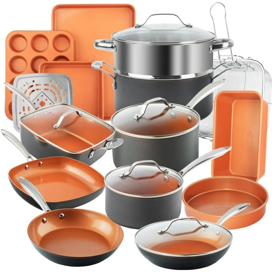 

Pro 20 Piece Pots Pans Set Hard Anodized Complete Cookware Set + Bakeware Set Ultra Nonstick Ceramic Copper Coating Chef Grade
