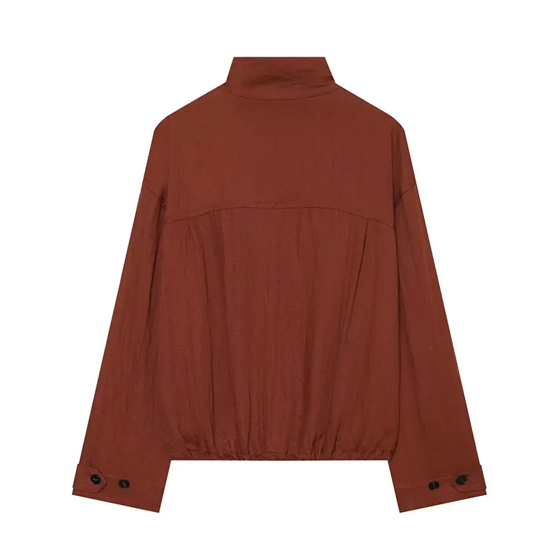 Nlzgmsj 2026 Autumn Women Stand Collar Jacket Loose Drop Shoulder Button Up Coat Chest Flap Pockets Elastic Hem Casual Outerwear