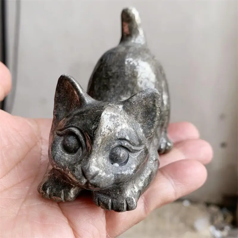 Natural Pyrite Kitten With A Pouting Butt Carving Statue Carved Crafts Animal Polished Healing Figurine Home Ornament DIY Gift