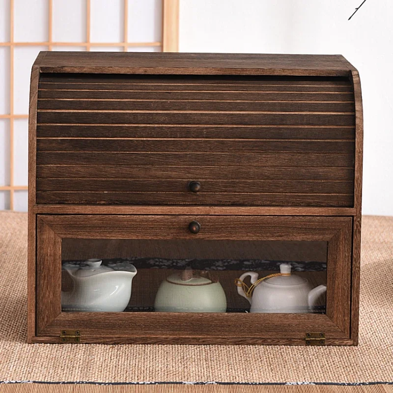 Retro Solid Wood Dustproof Double Layer Tea Set Take in Rack Home Furniture Cosmetics Stationery Classification Storage Cabinet