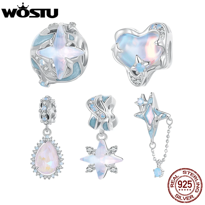 WOSTU 925 Sterling Silver Starry Sky Series Star Charms Blue Heart Beads Rainbow Crystal Drop Pendant Fit DIY Bracelet Necklace