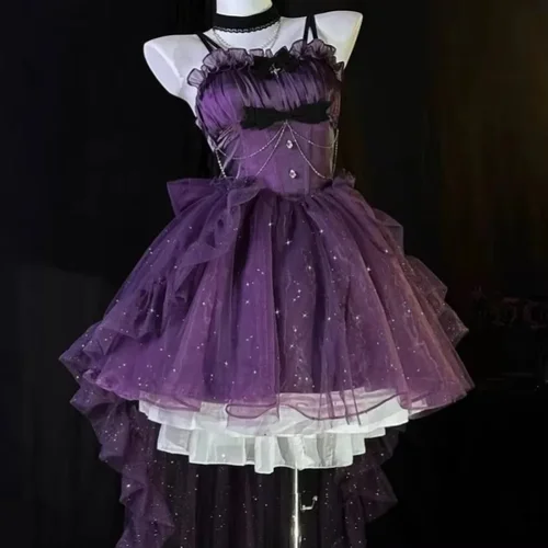 Vestido victoriano Mini gótico Lolita Jsk mujeres Kawaii volantes arco tirantes vestidos de princesa chica dulce Hada vestido de fiesta de cola