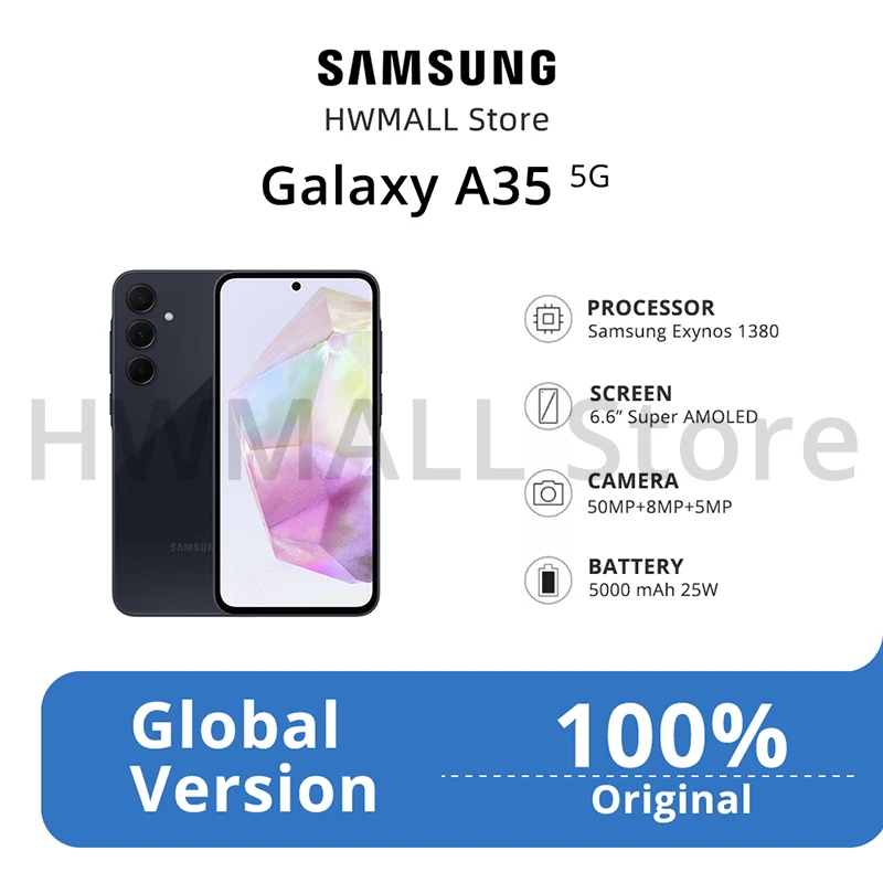 Samsung-Smartphone Galaxy A35 5G NFC, Octa Core, 6.6 ", Display AMOLED 120Hz, 50MP, Câmera Tripla OIS, Bateria 5000mAh, Celular