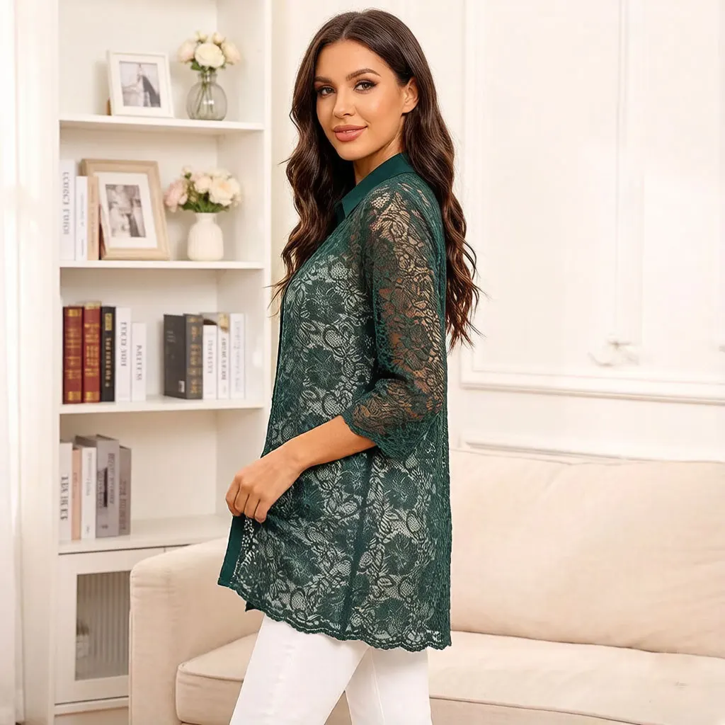 Women Green Lace Shirt Dress Floral Crochet Blouse with Contrast Collar Bell Sleeve Casual Loose Fit Elegant Tunic Top view 4