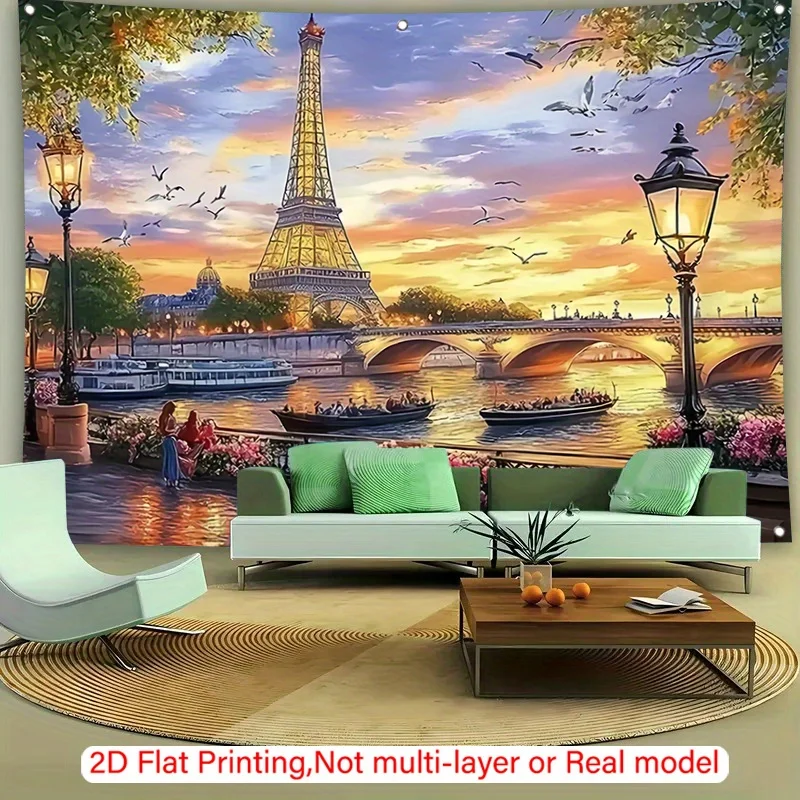 Paris Eiffel Tower Tapestry Wall Hanging French Romantic Art European Travel Sunset Seine River Mural Luxury Home