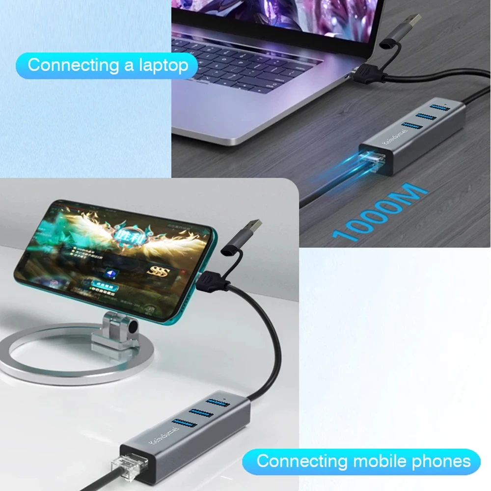USB C HUB 1000Mbps 3 Ports USB 3.0 Type C HUB USB to Rj45 Gigabit Ethernet Adapter Docking Station for MacBook Laptop Computer