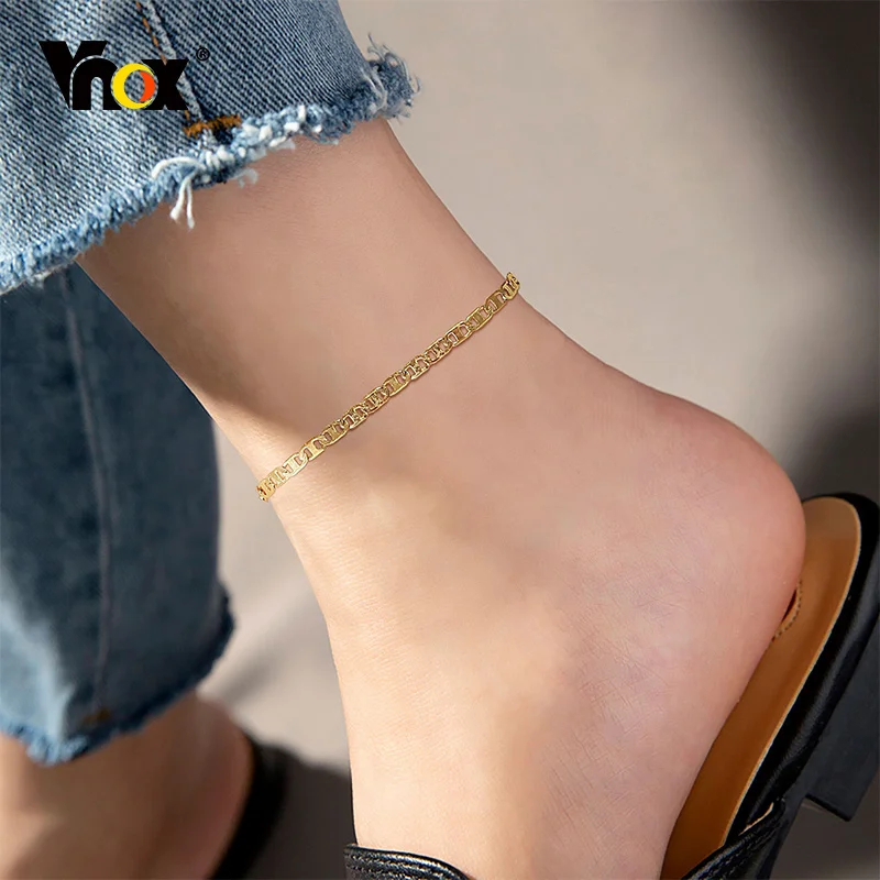 Vnox Women  Gold Color Flat Mariner Chain Anklets, Anti Allergy Stainless Steel Marina Link Beach Anklet for Bracelet on Leg