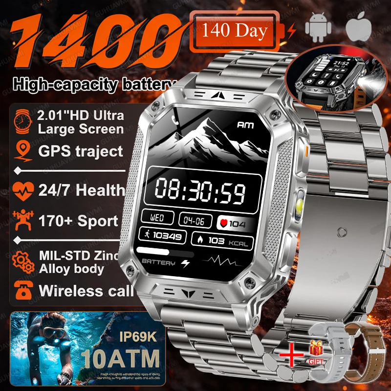 2026 Nieuwe 1400mAh Batterij Smart Watch GPS-pad Bluetooth Oproep 10ATM Waterdicht Zwemmen Sport Hardlopen Wandelen Buiten Militaire Smartwatch