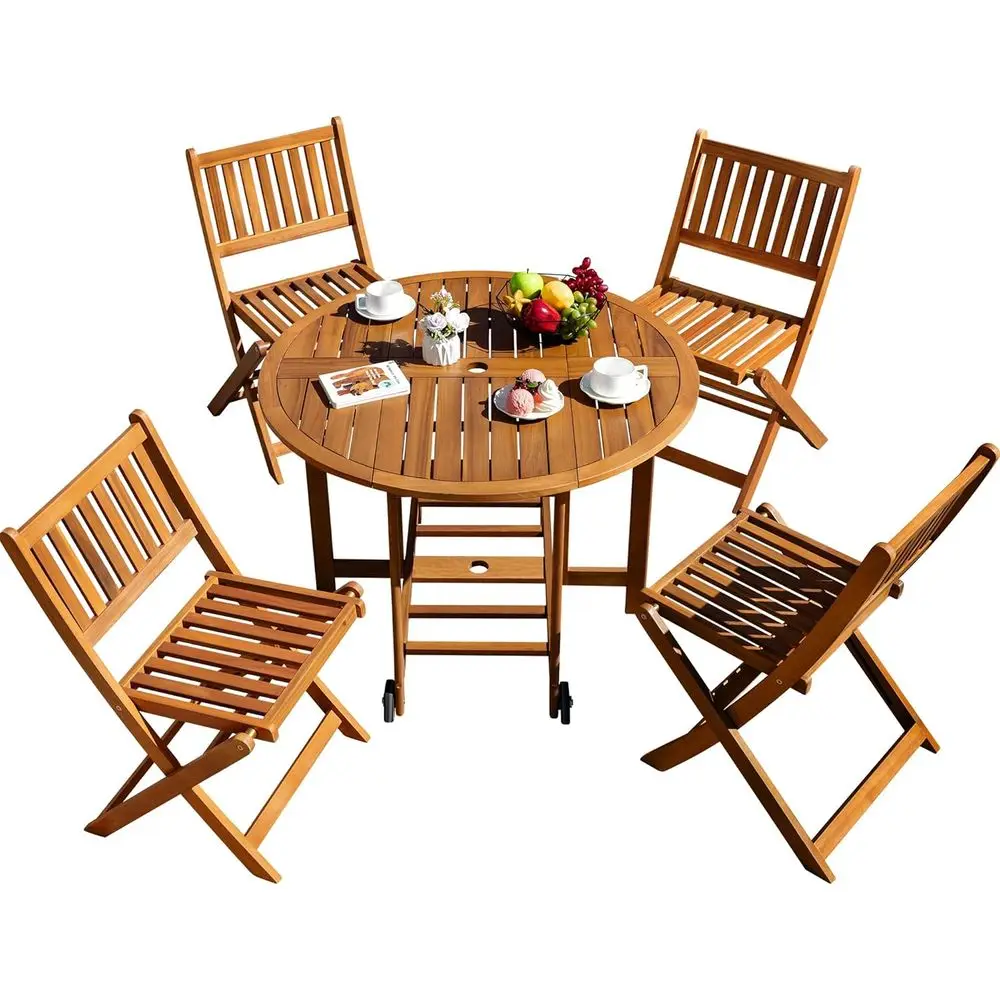 

Outdoor Acacia Wood 5-Piece Patio Dining Set with Weather-Resistant Round Table and Chairs for Backyard, Balcony, Porch, Deck, o