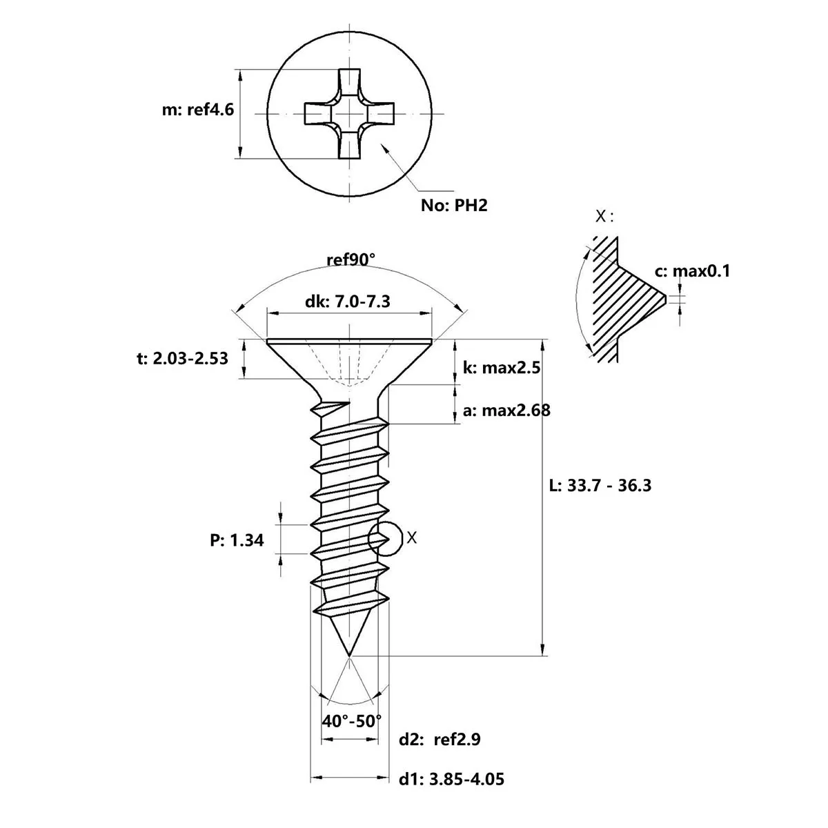 4x35mm 304 Stainless Steel Countersunk Head Self Tapping Screws, Cross Recess Flat Head Wood Metal Fasteners Hardware