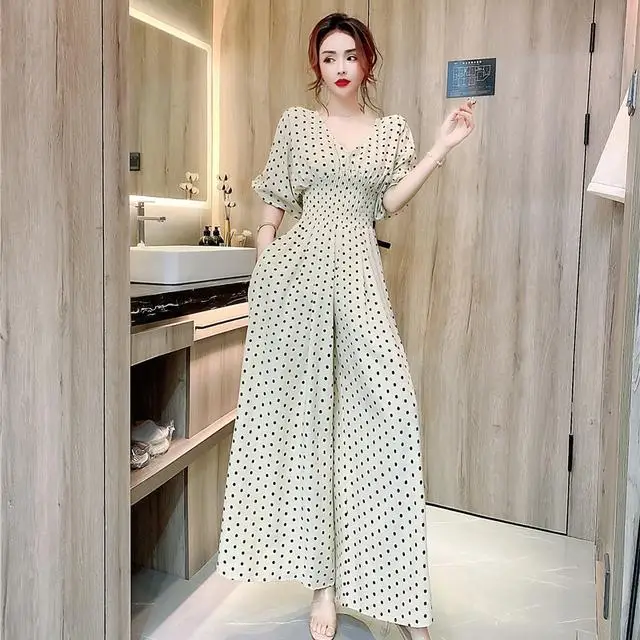 

Women Casual Jumpsuits Fashion Overalls Female Loose Wide Leg Printed Dot Print V-neck with Rompers 2024 Ladie Female T79