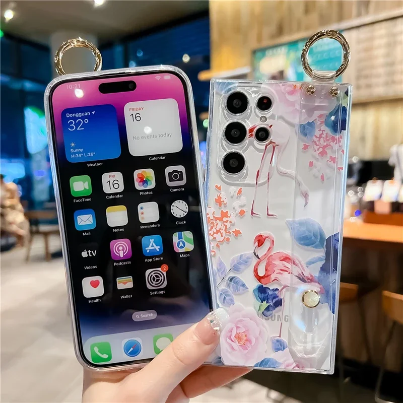 Fashion Flamingo Phone Holder Case for iPhone 15 14 Pro 13 12 11 Pro Max XR XS X SE 2020 7 8+ Transparent Hand Band Cover Coque