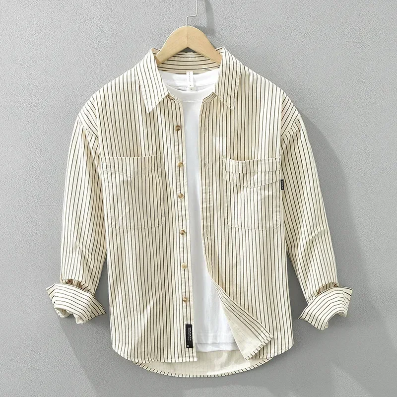 

Casual Long Sleeve Striped Vintage Shirt Men Spring Fall Daily Man Shirts Double Pocket Japanese Shirt Pure Cotton Button Shirt