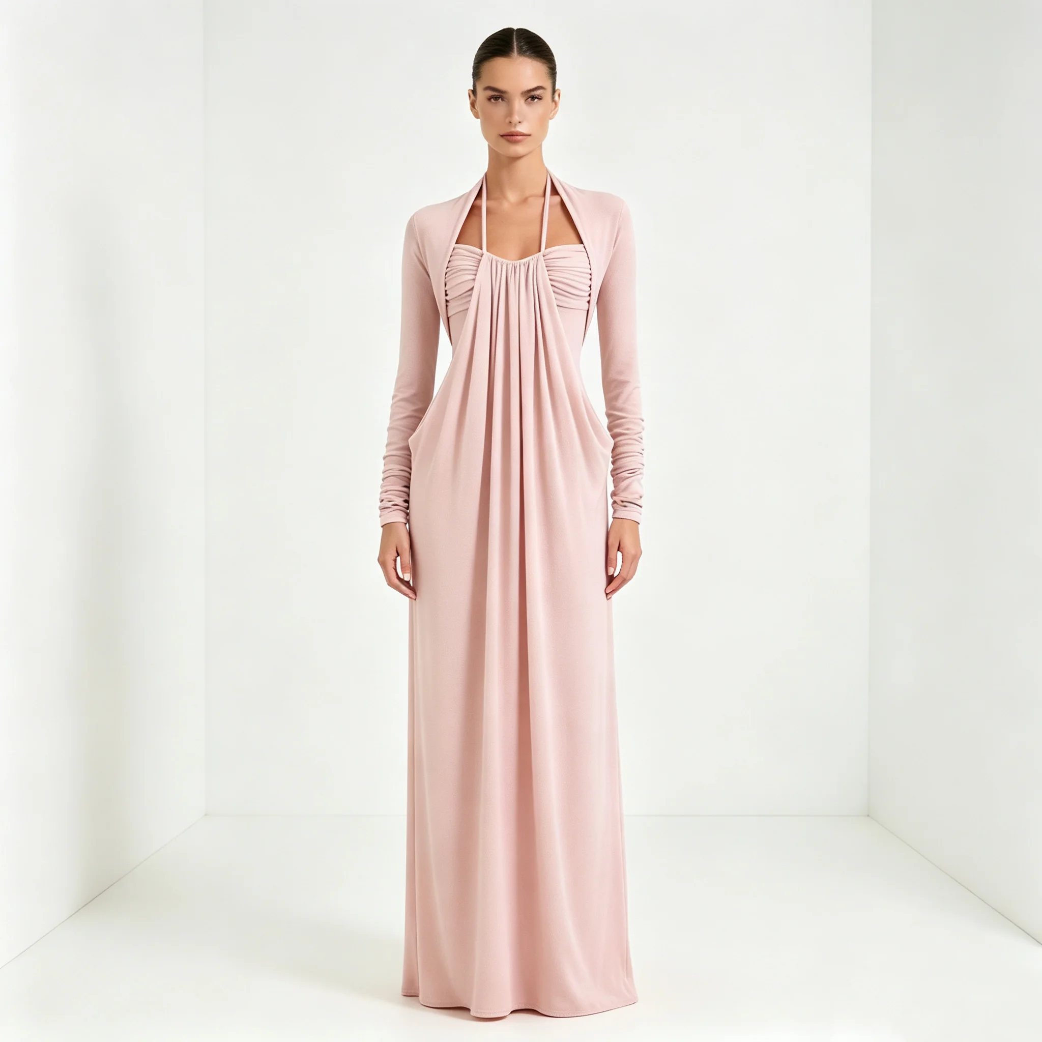 MsChuh Women's New Style Long Dress Solid Color Long Sleeves Slimming Strap Dress Long Street Trend Elegant All-match Vestidos
