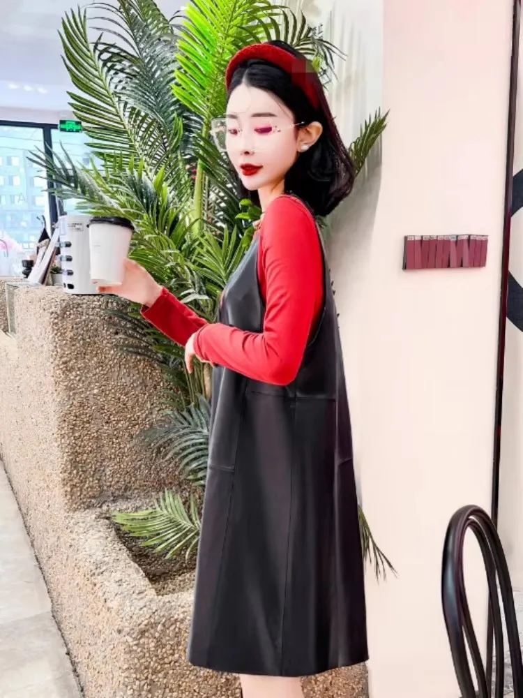 เดรสหนังแท้ทรงเอ สไตล์ลำลอง คอวี แขนกุด สำหรับผู้หญิง ใส่สบาย เหมาะกับฤดูใบไม้ร่วง สีดำ