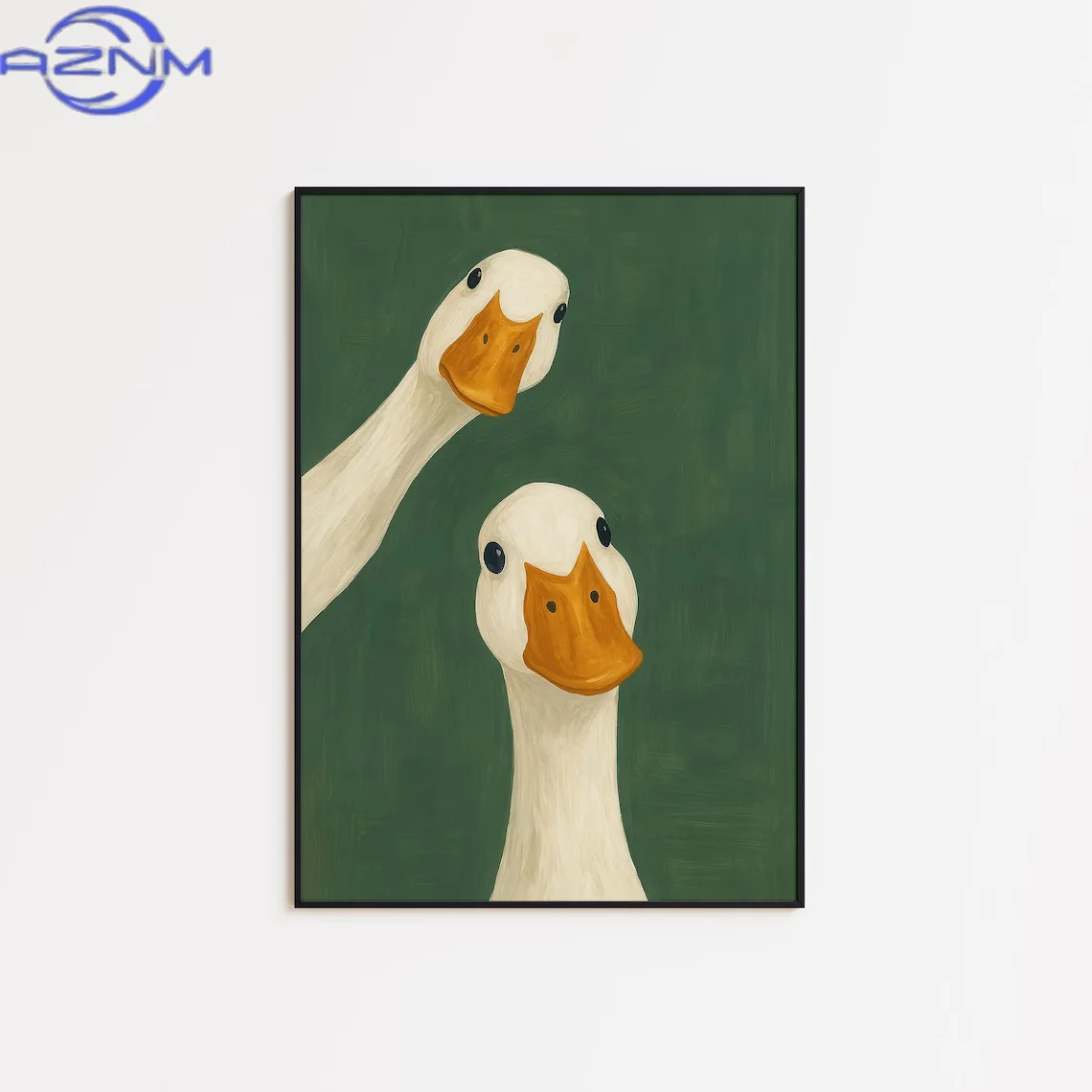 AZNM Serene Duck Duo Green Wall Art - Calming Print Celebrating Fowl Friendship. The Deep Green Backdrop and Sweet Duck Faces Cr