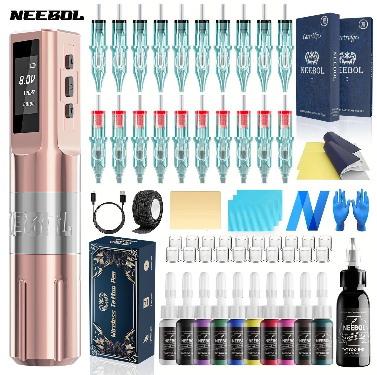 

NeebolRotary Wireless Tattoo Machine Kit Complete Tattoo Set with 20PCS Cartridge Needle Permanent Makeup Tool for Tattoo Artist