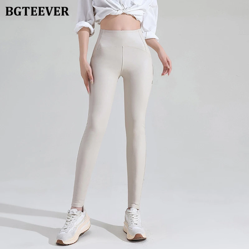 

BGTEEVER Winter Thin Fleece Pu Leather Leggings Women High Waist Stretch Female Faux Leather Pants Velvet PU Warm Legging Women