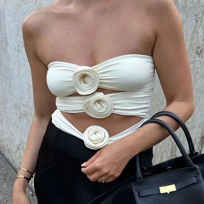 2024 new Women's Three-dimensional Flower Hollow One-Piece Swimsuit Sexy Tube Top Casual Beach Bikini