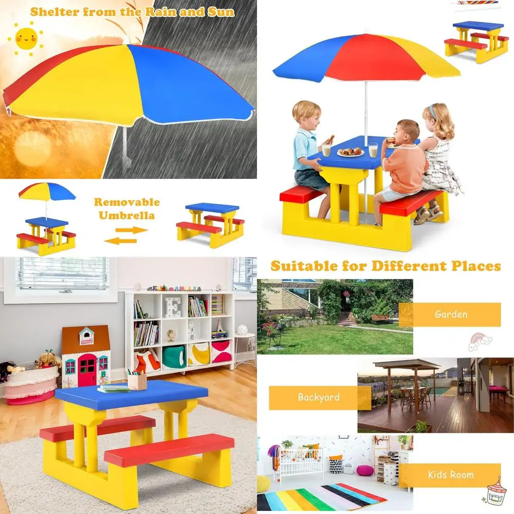 

Children's Portable Picnic Table Set with Detachable Umbrella, Suitable for Indoor and Outdoor Use, Ideal Gift for Boys and Girl