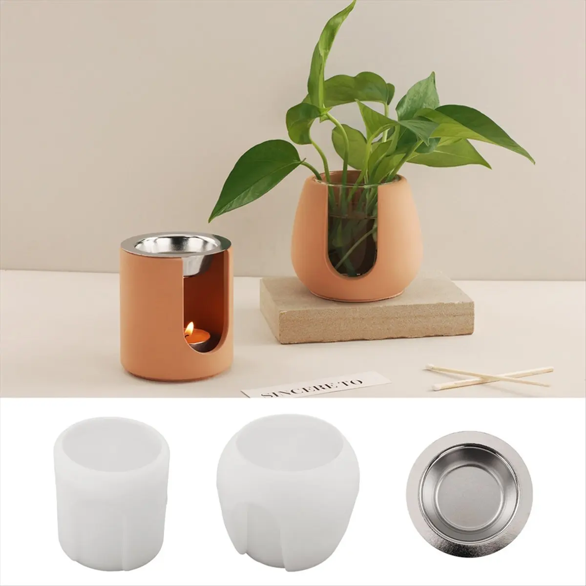 (ABAB) Essential Oil Candle Holder Mold DIY Round Bowl Aroma Wax Melting Stove Hydroponic Plant Vessel Concrete Silicone Mold