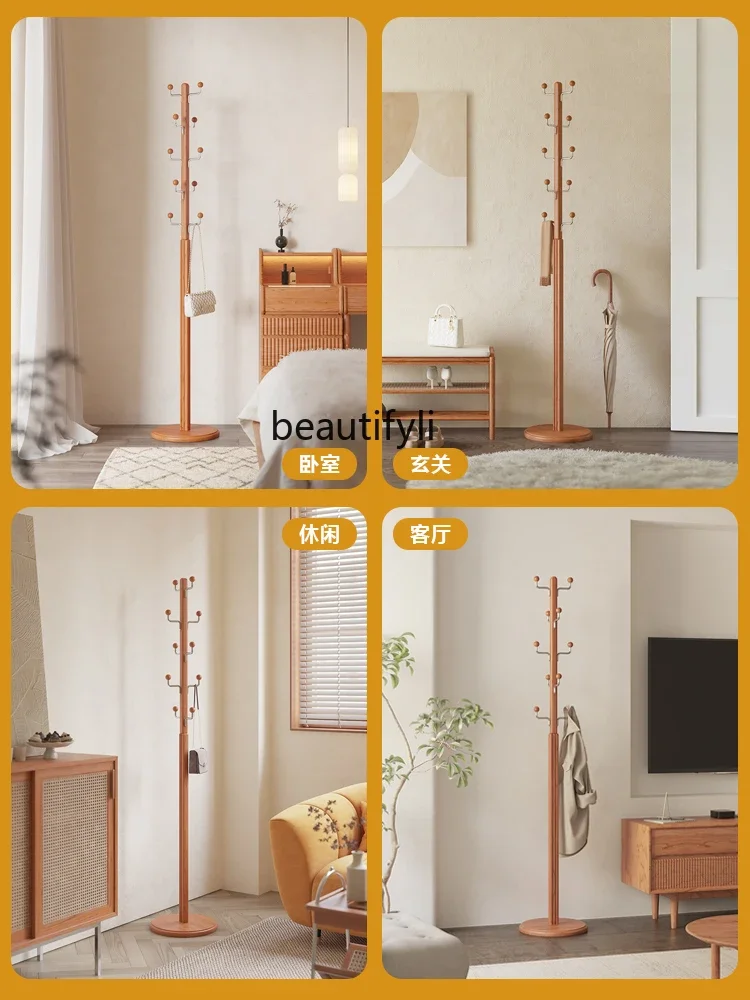 Solid Wood Coat and Hat Rack Cherrywood Floor Hanger Hallway Vertical Clothes Rack