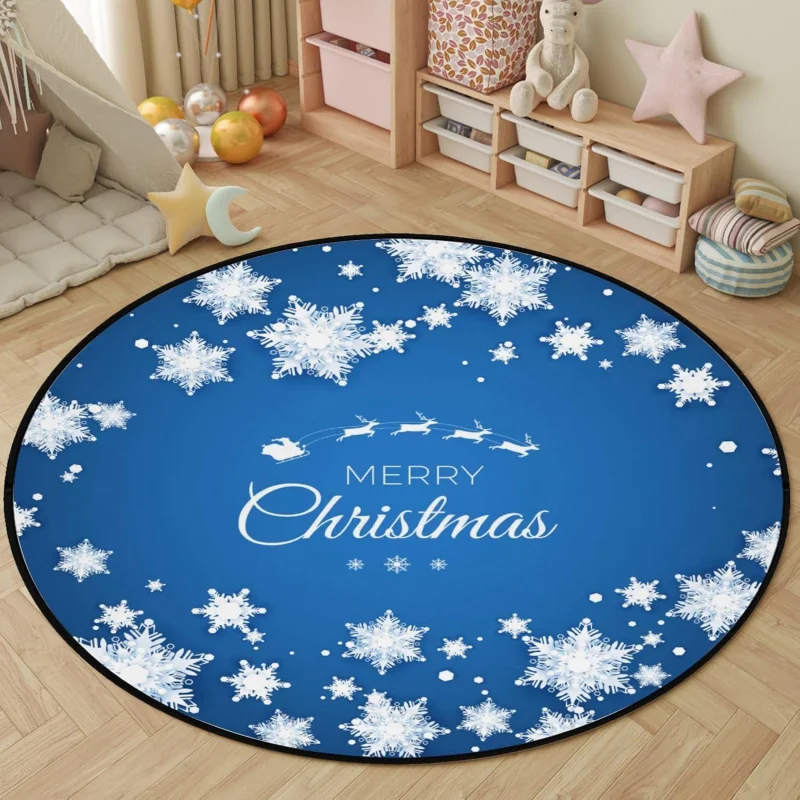 Weihnachten runder Teppich blau Neujahr Schneeflocken Wohnzimmer Flanell Bodenmatte Dekoration 60X60cm