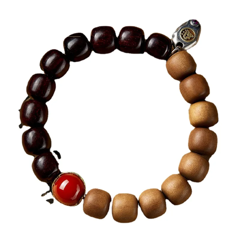 Bracelet Couple Natural Material Pterocarpus Santalinus Hand Toy Solid Wood Hand-Carved Buddha Beads Dual-Color Patchwork Retro